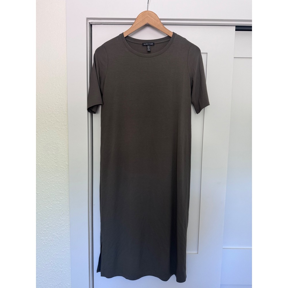 Eileen‎ Fisher Short Sleeve Viscose Jersey Midi T-Shirt Dress Olive XXS
